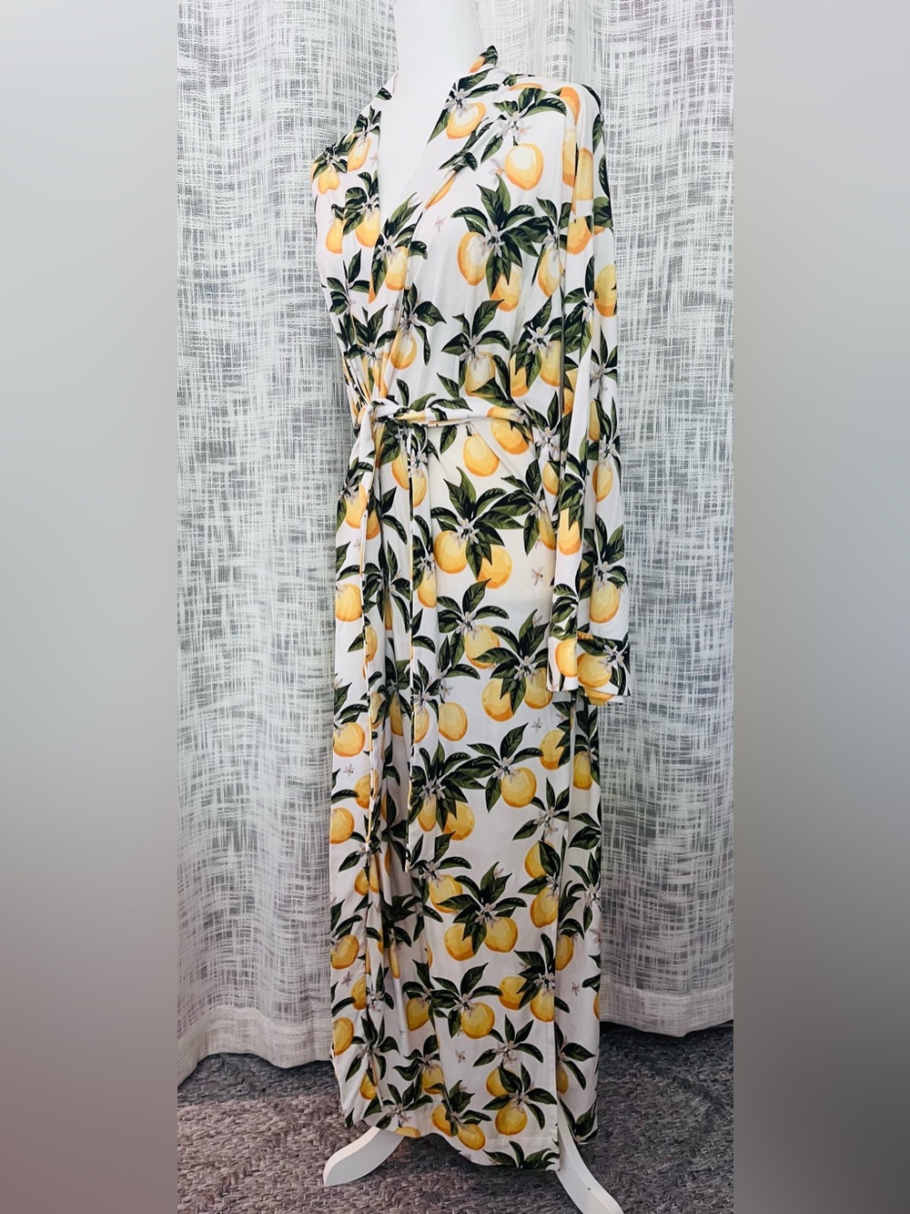 MasonGrey Women Orange Print Kimono Robe SMALL Long Lounge Fruit Luxury Maxi